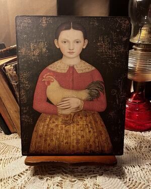 Primitive Folk Art Girl With Rooster, Handcrafted Plaque / Sign